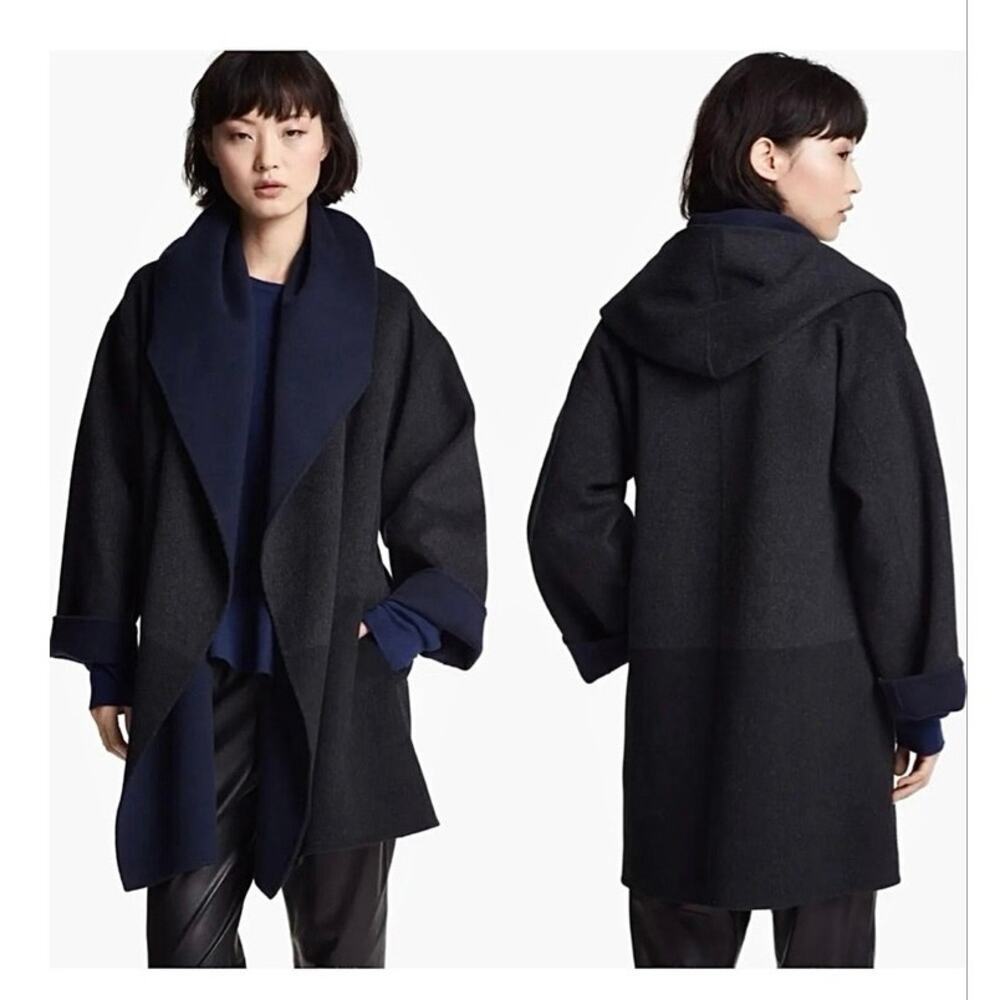 Vince Color Block Hooded Wool Blend Open Front Coat Navy Charcoal Gray XS Luxury